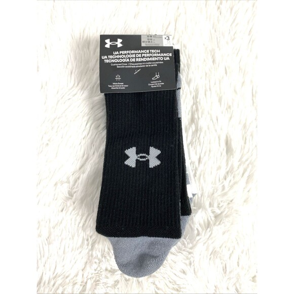 Under Armour Performance Tech Socks Men Sz XL Black Gray Cushioned Crew 3 Pairs - Picture 1 of 7